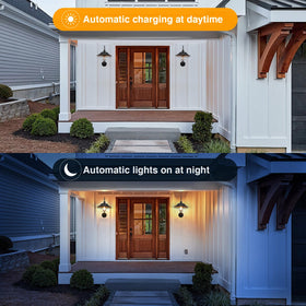 XIFEINIU solar barn light auto on at dusk for hands-free security lighting.
