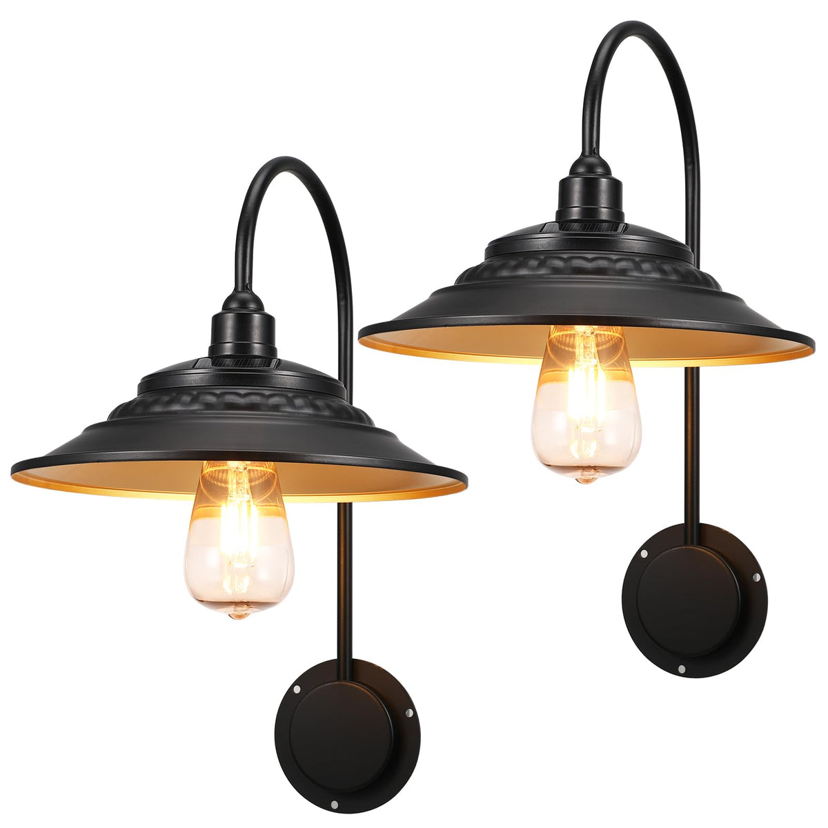 XIFEINIU solar barn light gooseneck black with gold interior illuminates outdoor spaces at dusk.