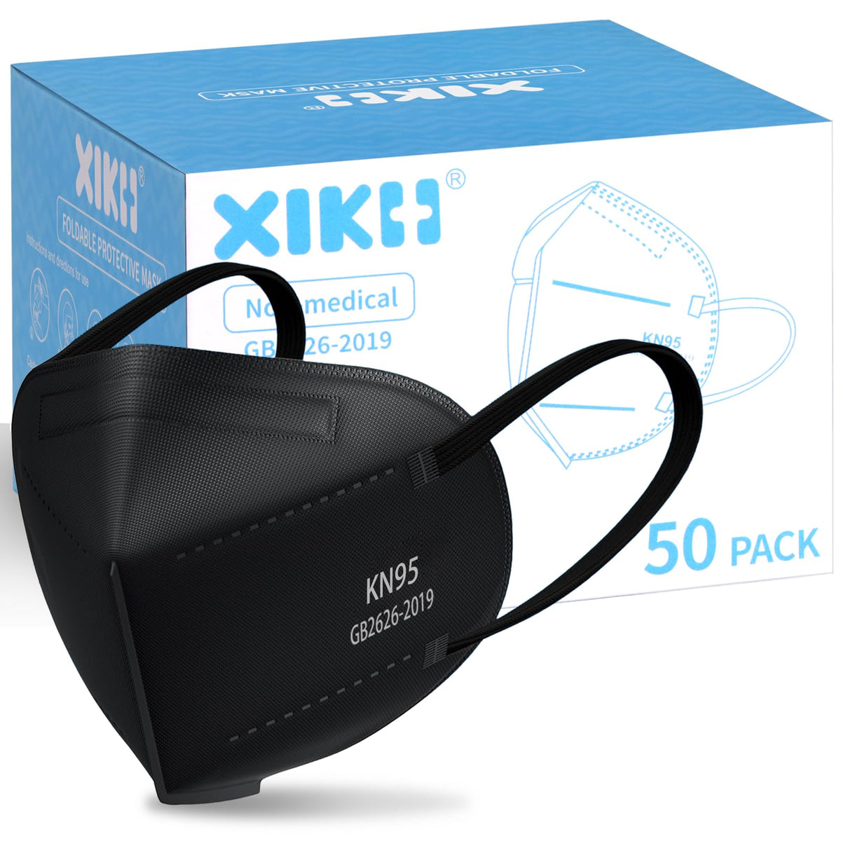 XIKII KN95 black mask box packaging showing hygienic storage for 50 masks.