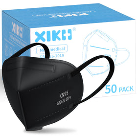 XIKII KN95 black mask box packaging showing hygienic storage for 50 masks.