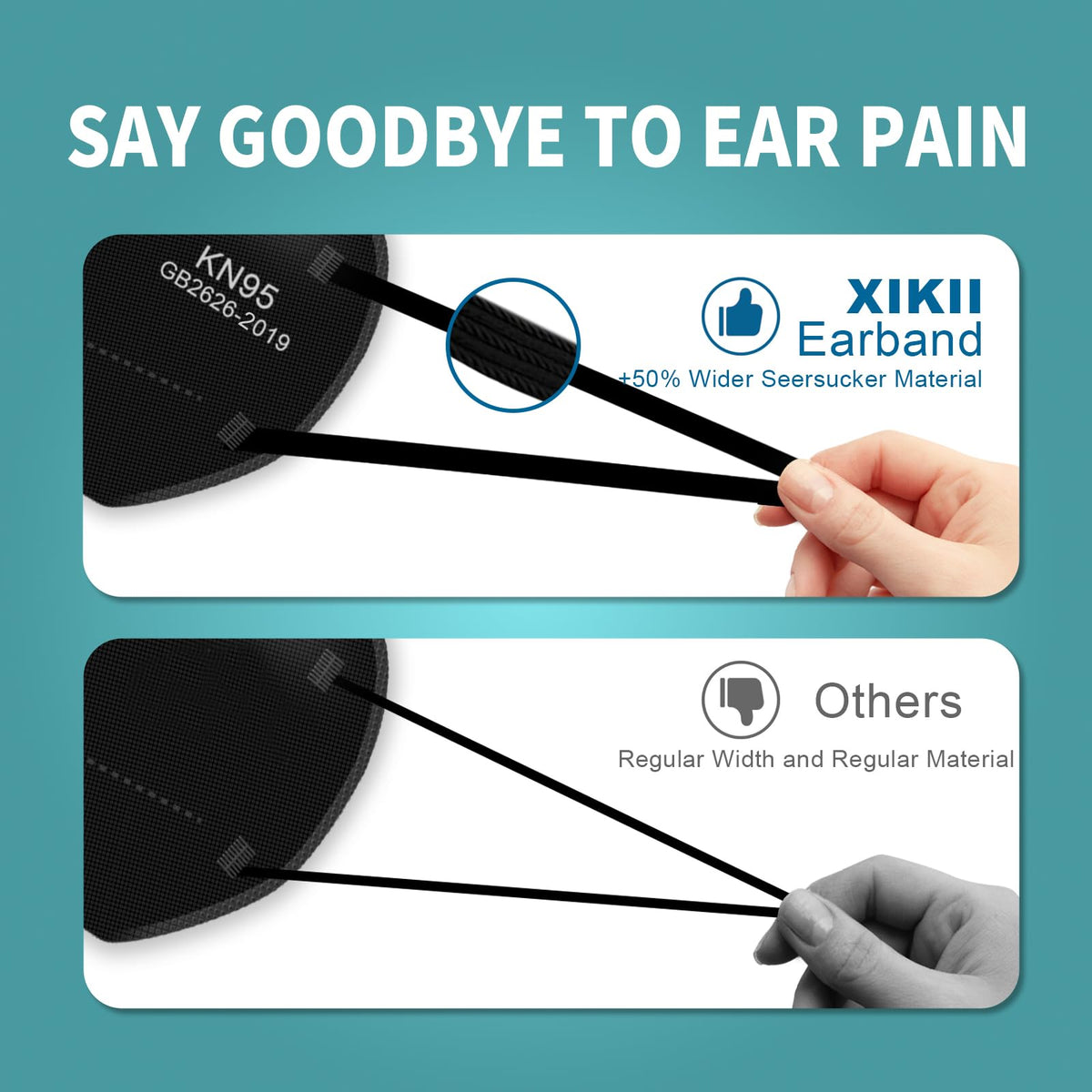 XIKII KN95 black mask with soft elastic earloops for comfort.
