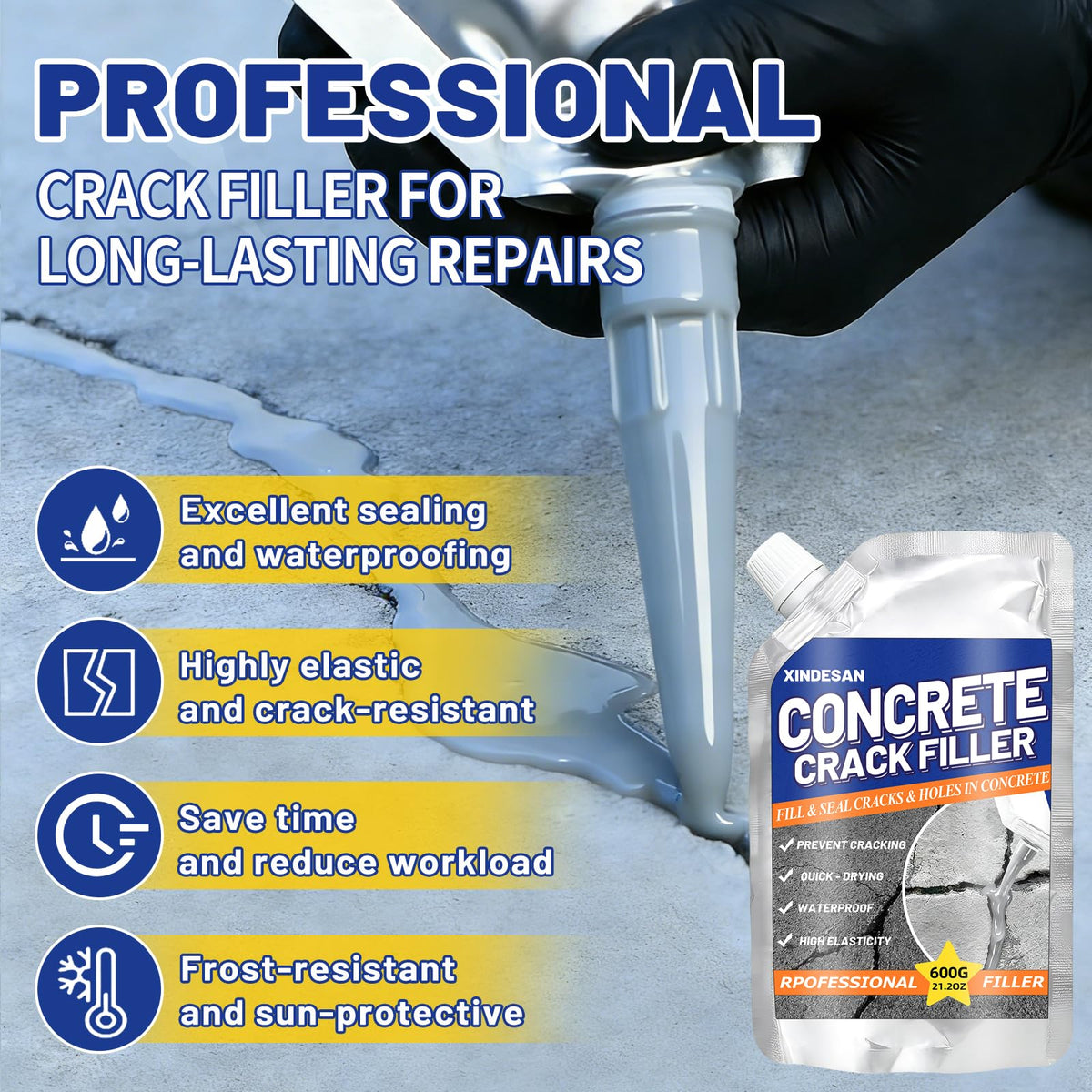 XINDESAN Concrete Crack Filler self-leveling action shown for a smooth finish.