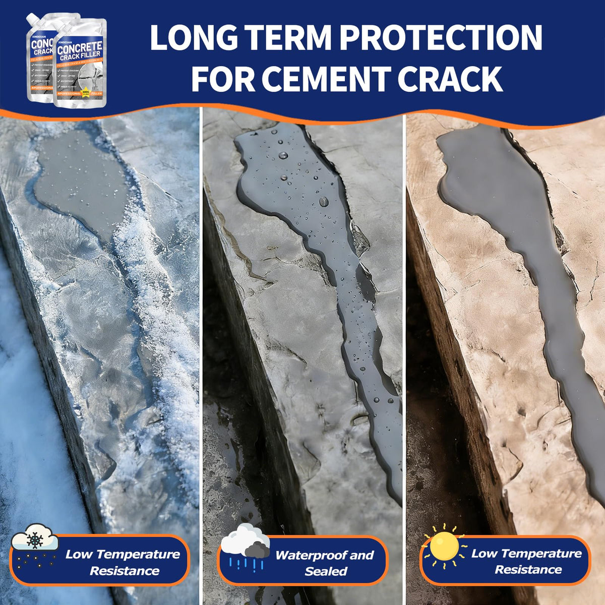 XINDESAN waterproof seal on concrete surface resisting rain exposure.