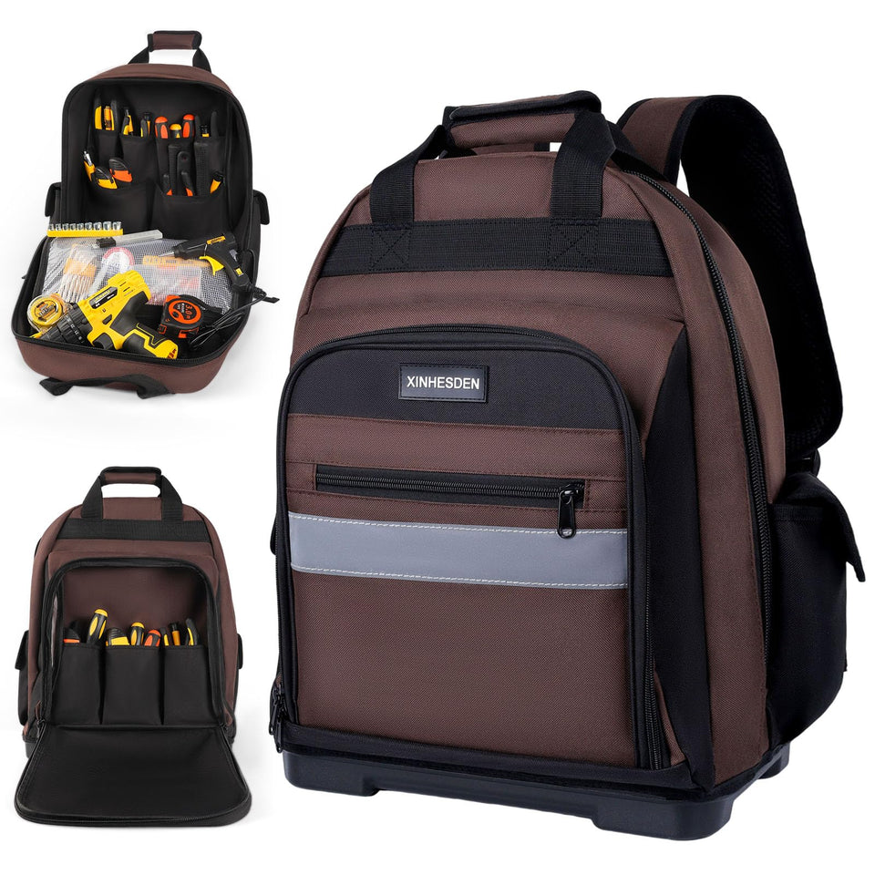 XINHESDEN Tool Backpack front view shows rugged brown exterior and durable straps for daily use.