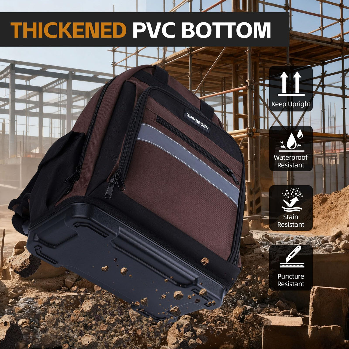 XINHESDEN Tool Backpack main compartment enables quick access to large handheld gear.