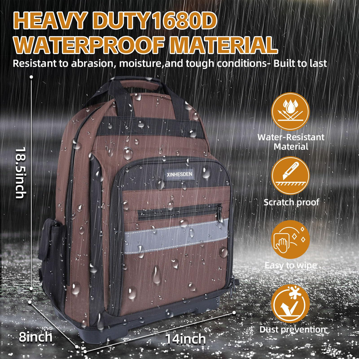 XINHESDEN Tool Backpack molded base keeps it upright and dry on damp jobs.