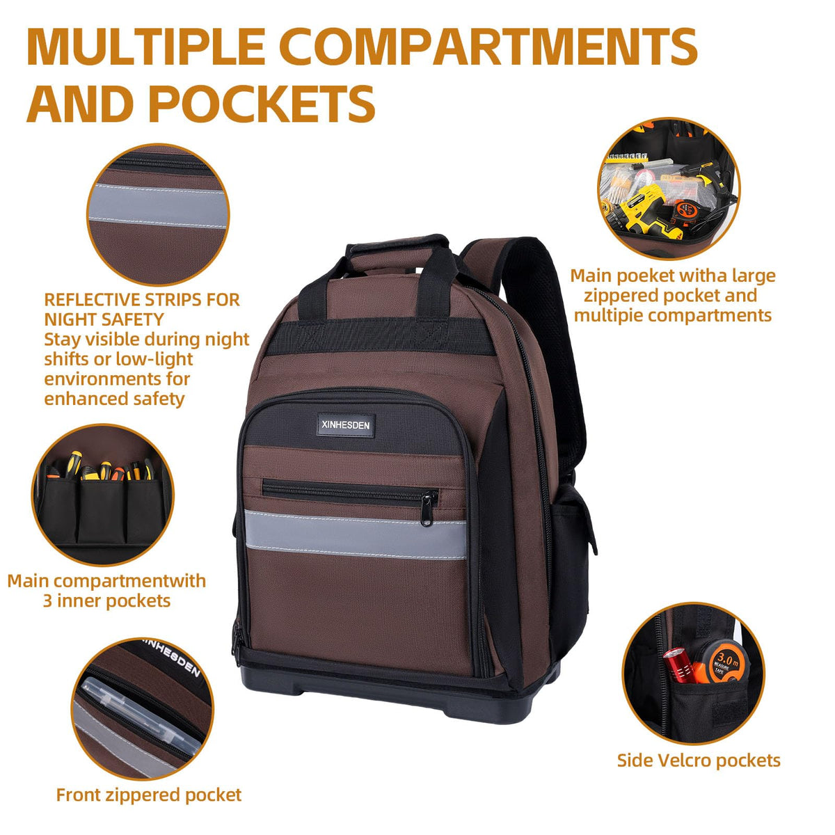 XINHESDEN Tool Backpack side pockets offer organized access to tools and accessories.