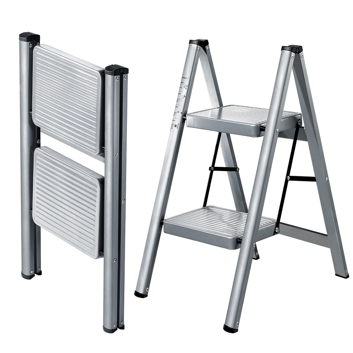 XinSunho 2-step ladder folded for compact storage in tight spaces.