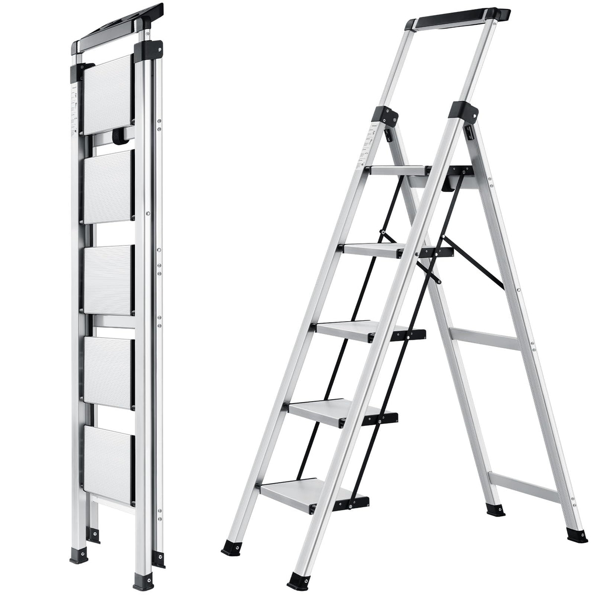 XinSunho 5-step ladder opened to reach high shelves safely