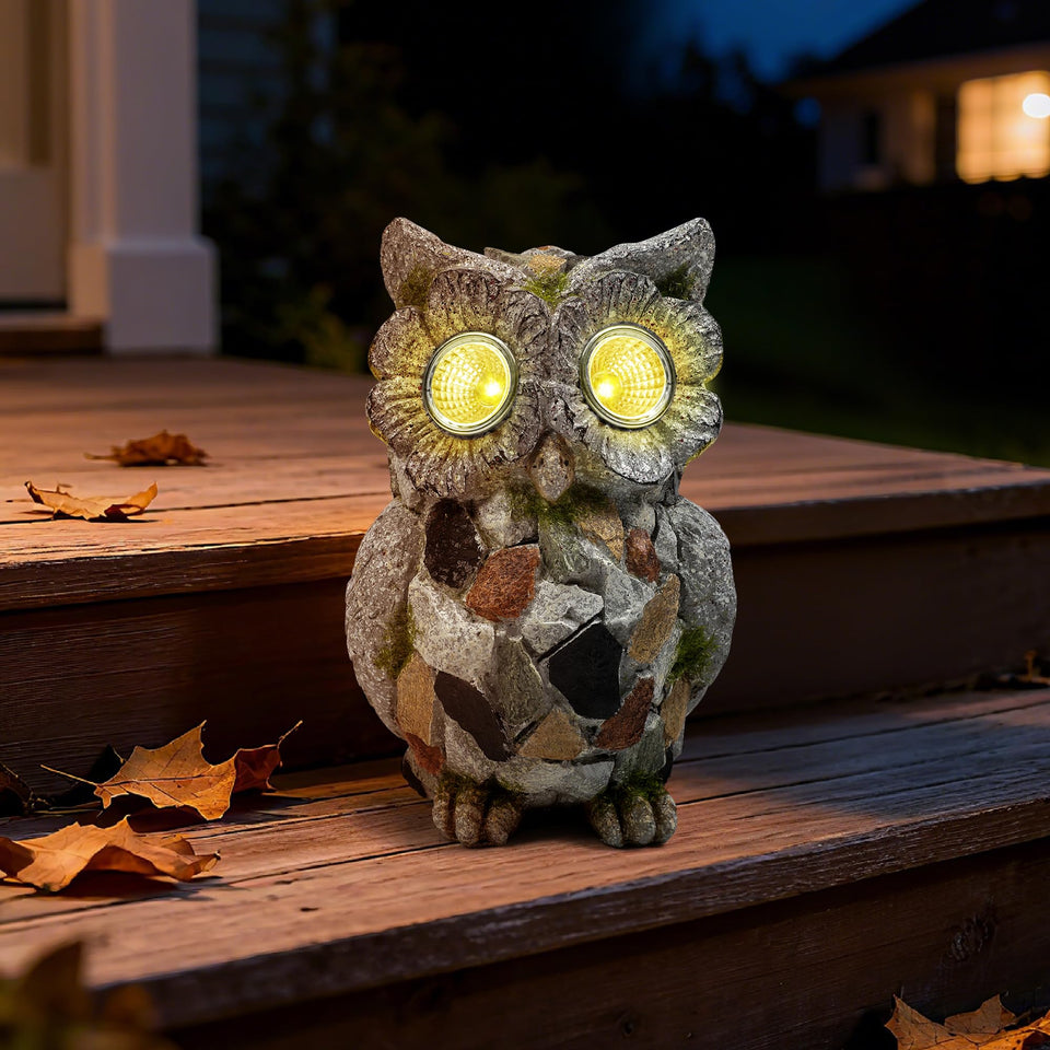 Xintim garden owl statue with solar eyes lighting at dusk
