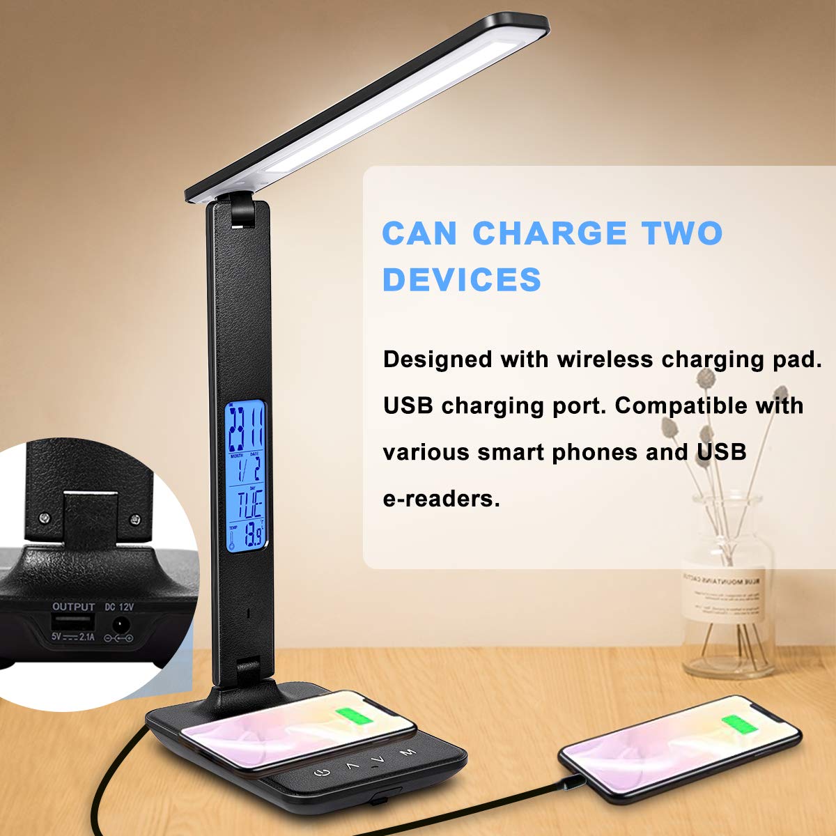 XIZDDL LED Desk Lamp with clock and calendar displays time and date for quick reference.