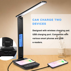 XIZDDL LED Desk Lamp with clock and calendar displays time and date for quick reference.