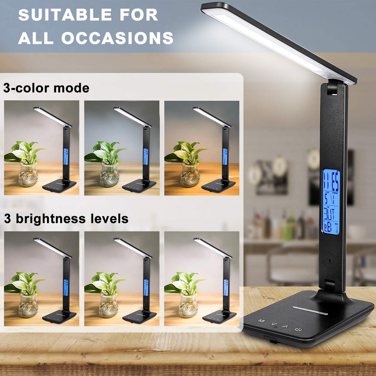 XIZDDL LED Desk Lamp shows temperature for a comfortable working environment.