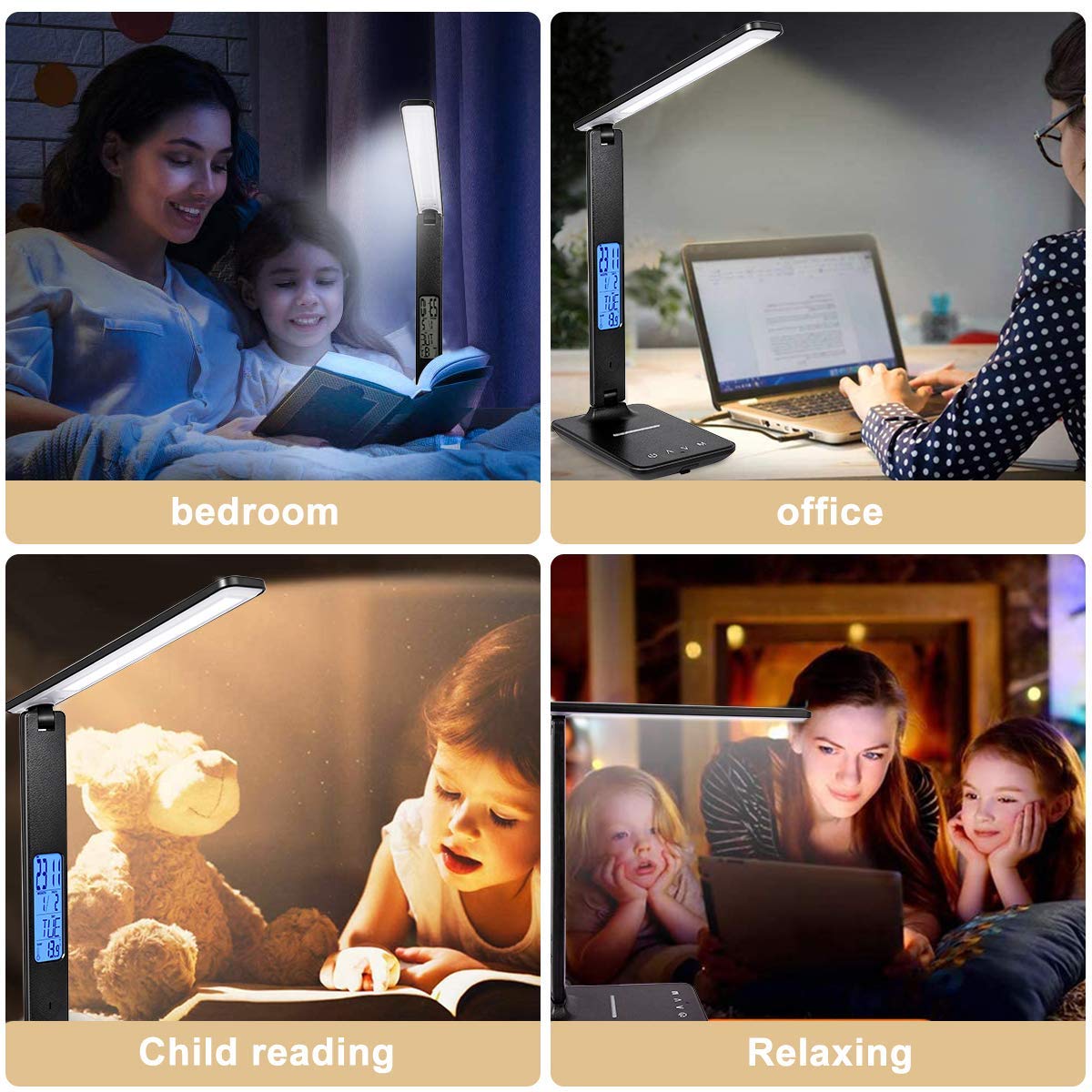 XIZDDL LED Desk Lamp includes a USB port and Qi charging for easy device power.