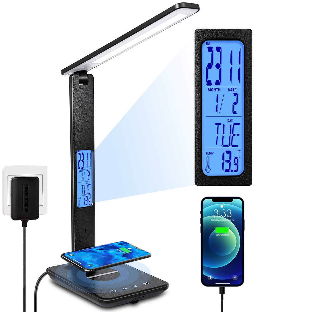 XIZDDL LED Desk Lamp with wireless charger lights a tidy workspace while charging devices.