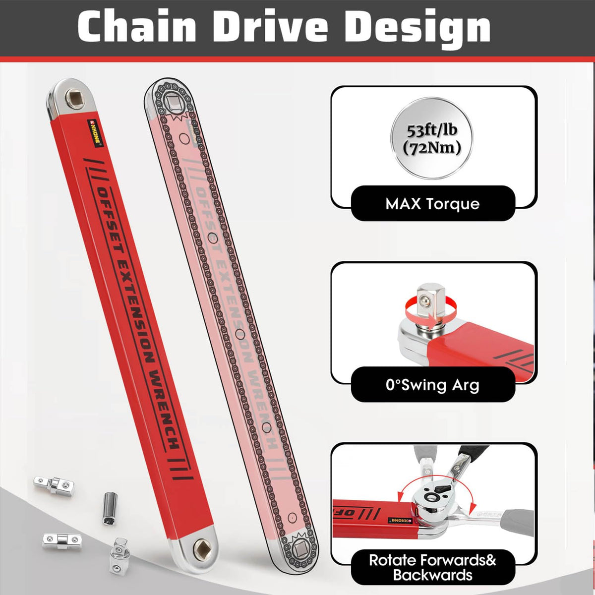 XKONE offset extension wrench with 1/2 square adapter boosts heavy-duty compatibility.