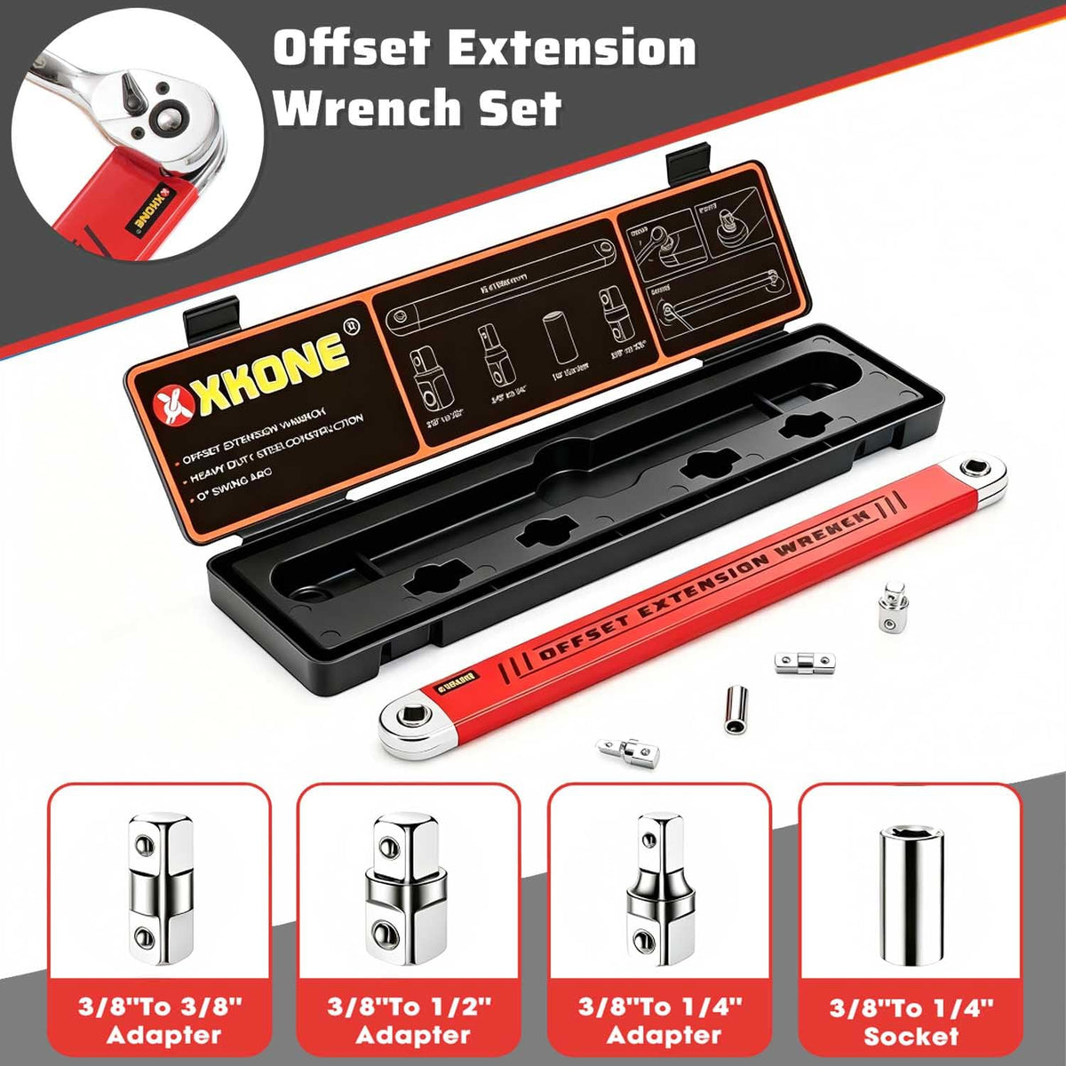 XKONE offset extension wrench with 1/4 square adapter supports precise small-bolt tasks.