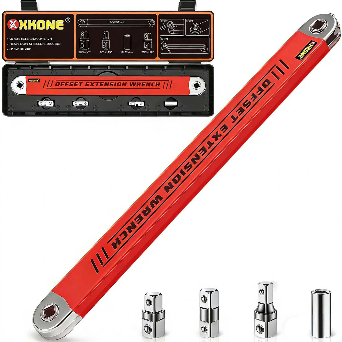 XKONE offset extension wrench with 3-8 drive extensions for versatile socket setups.