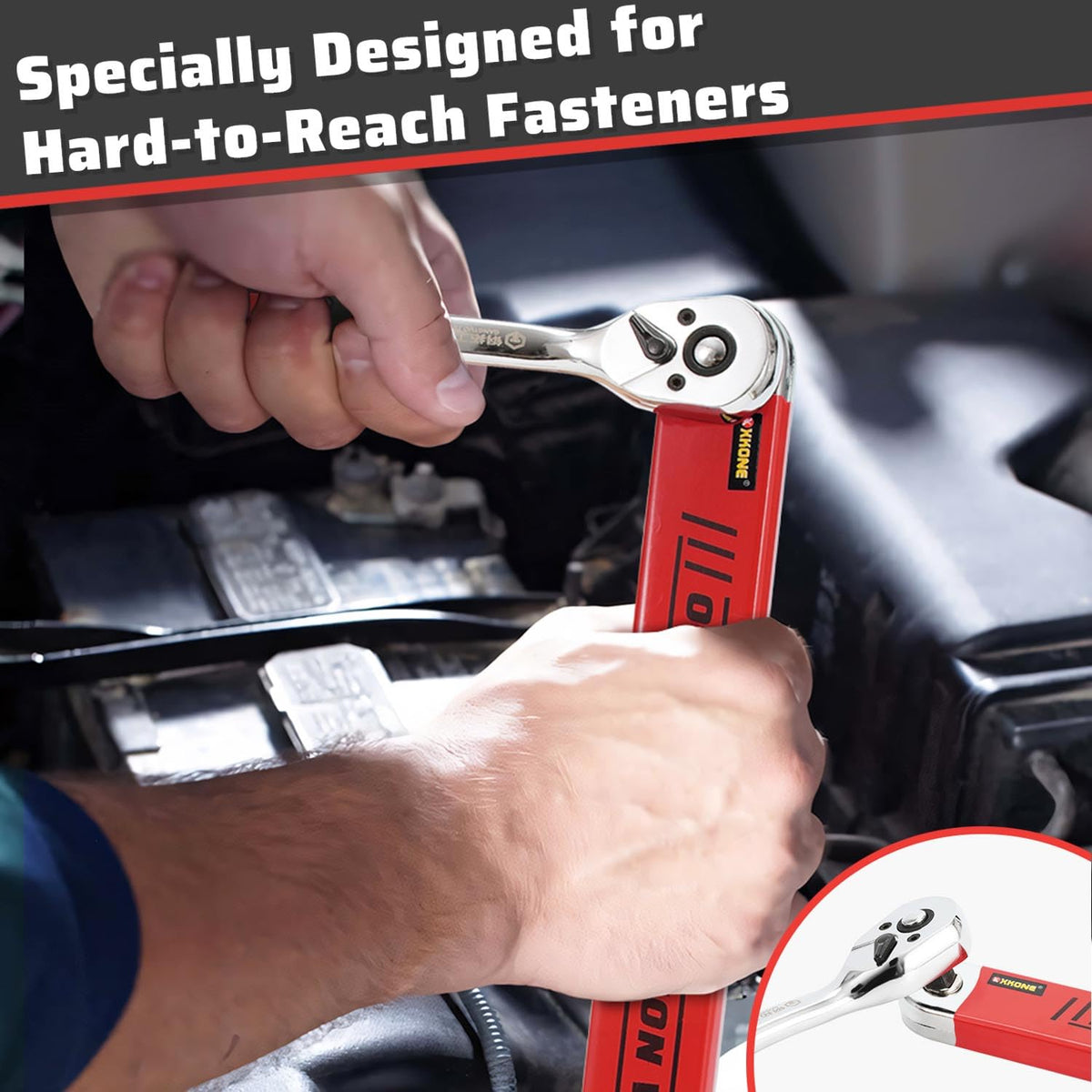 XKONE offset extension wrench with 3/8 square adapter enables broader reach.