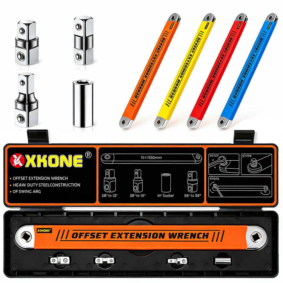 XKONE offset extension wrench with zero-degree swing for tight spaces, ideal for automotive access.