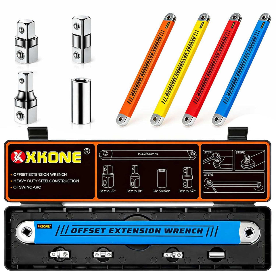XKONE offset extension wrench with zero-degree swing for tight spaces and under-hood use.
