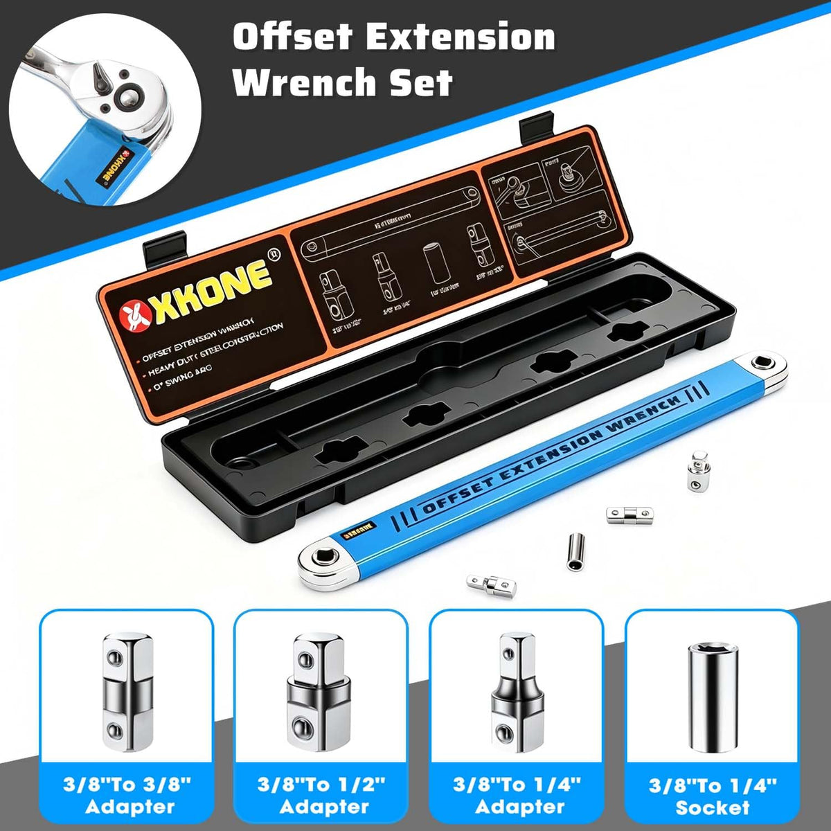 XKONE drive adapters set includes 1/4, 3/8, and 1/2 square drives for versatility.