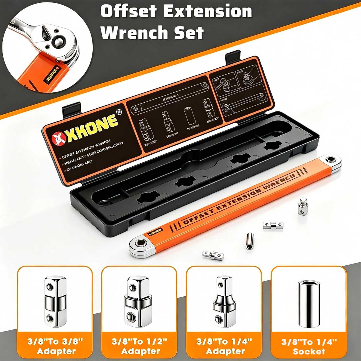 XKONE offset extension wrench set with 1/4, 3/8, 1/2 inch square adapters.