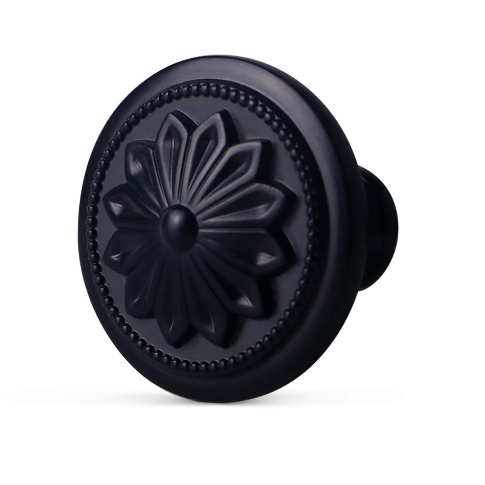 Xlroaafs round floral knob in matte black finish for elegant cabinet updates.