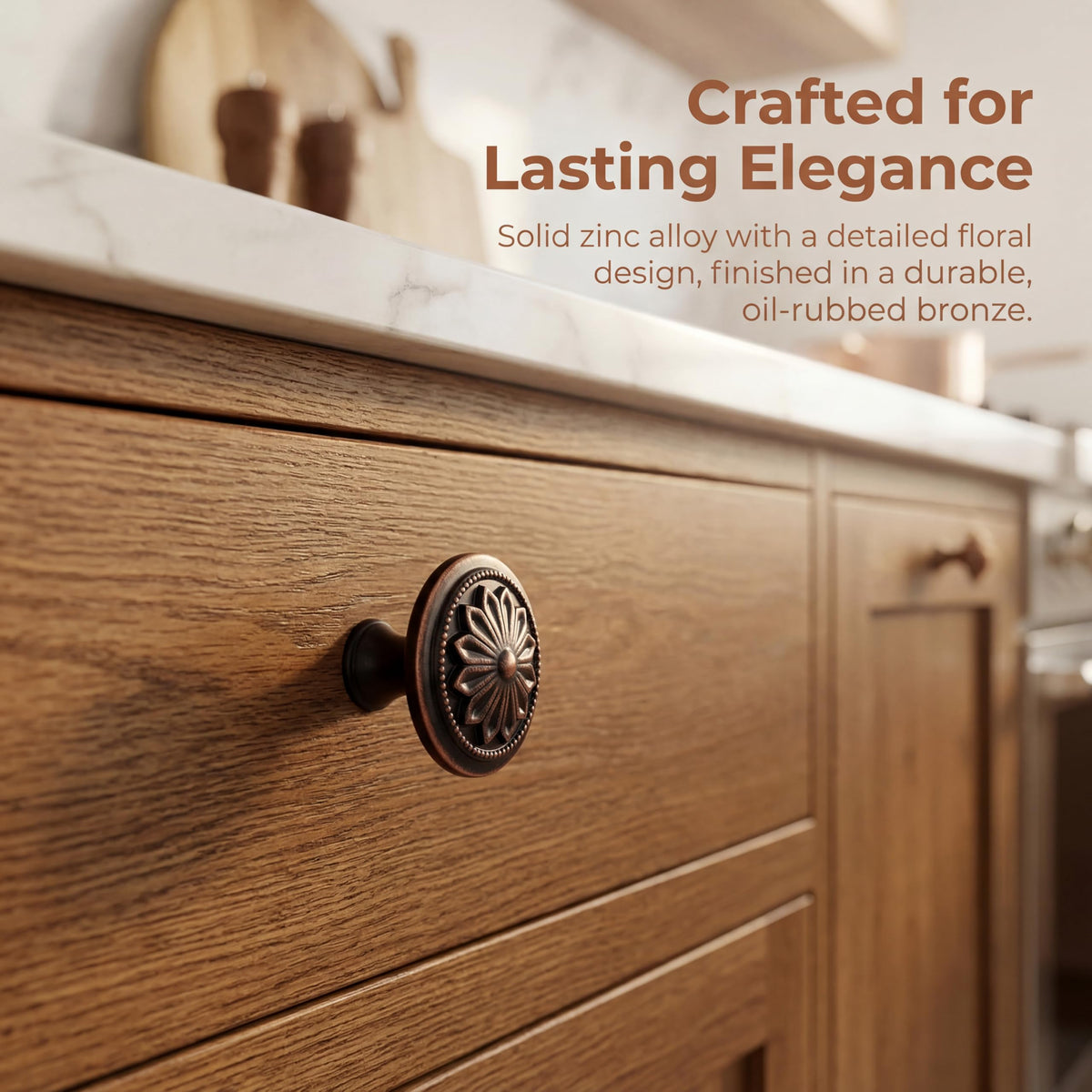 Xlroaafs bronze cabinet knob close-up shows durable finish.
