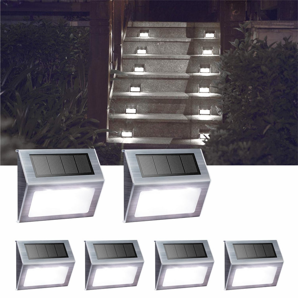 XLUX solar LED lights illuminate deck steps with ambient, glare-free glow for safe evening access.