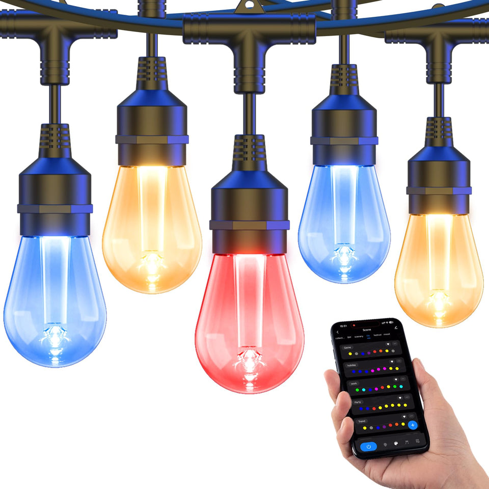 XMCOSY+ 49ft outdoor string lights along patio for warm ambient glow.