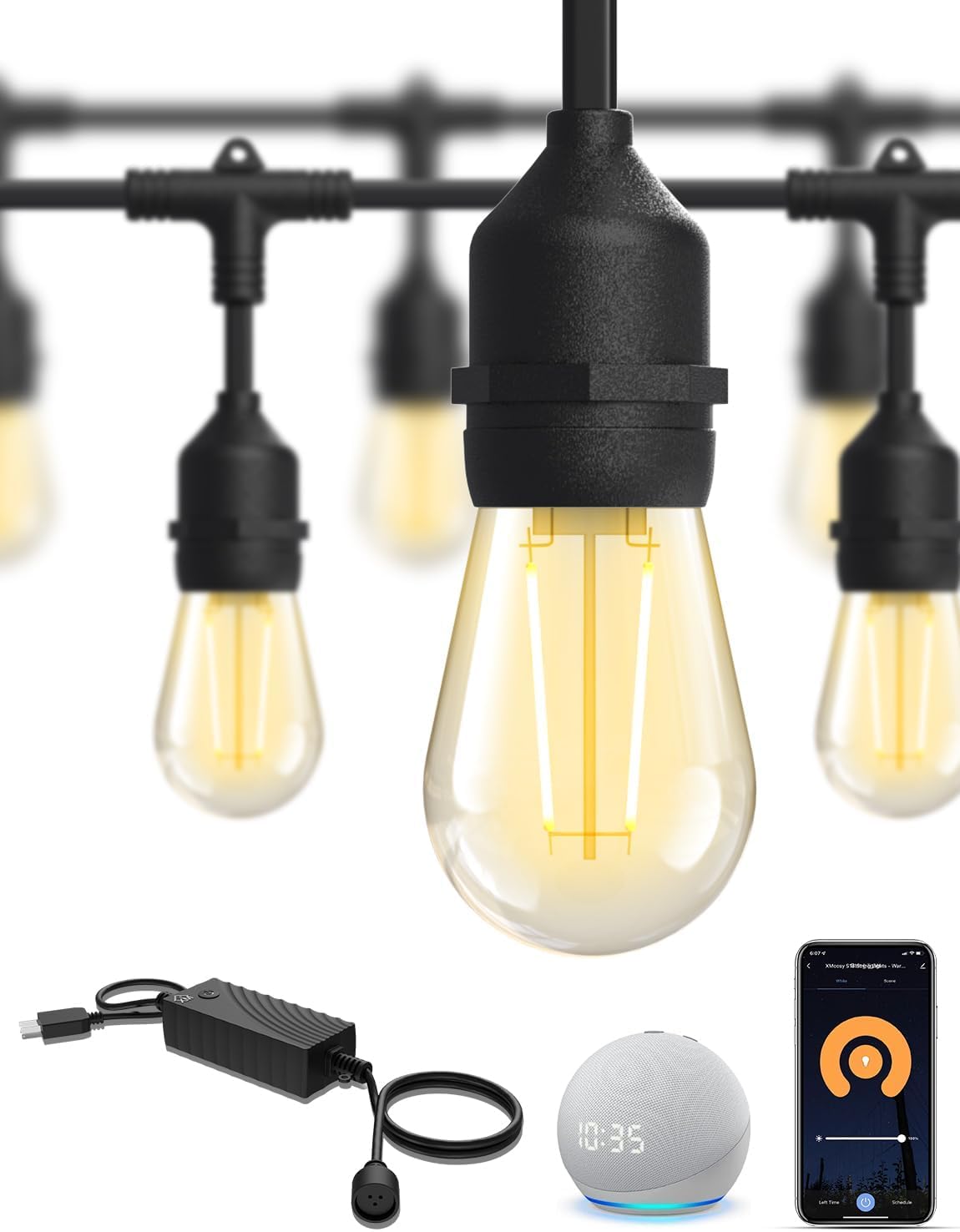 XMCOSY+ 49ft smart patio lights illuminating outdoor space with warm glow