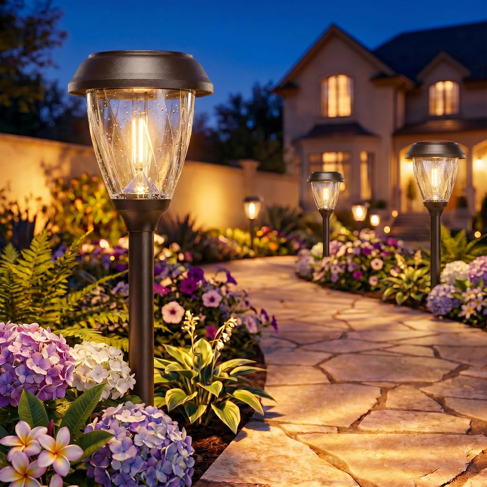 XMCOSY+ pathway light with starburst lens for elegant walkway illumination.