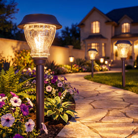 XMCOSY+ solar pathway light with starburst crackled glass for decorative ground lighting at dusk