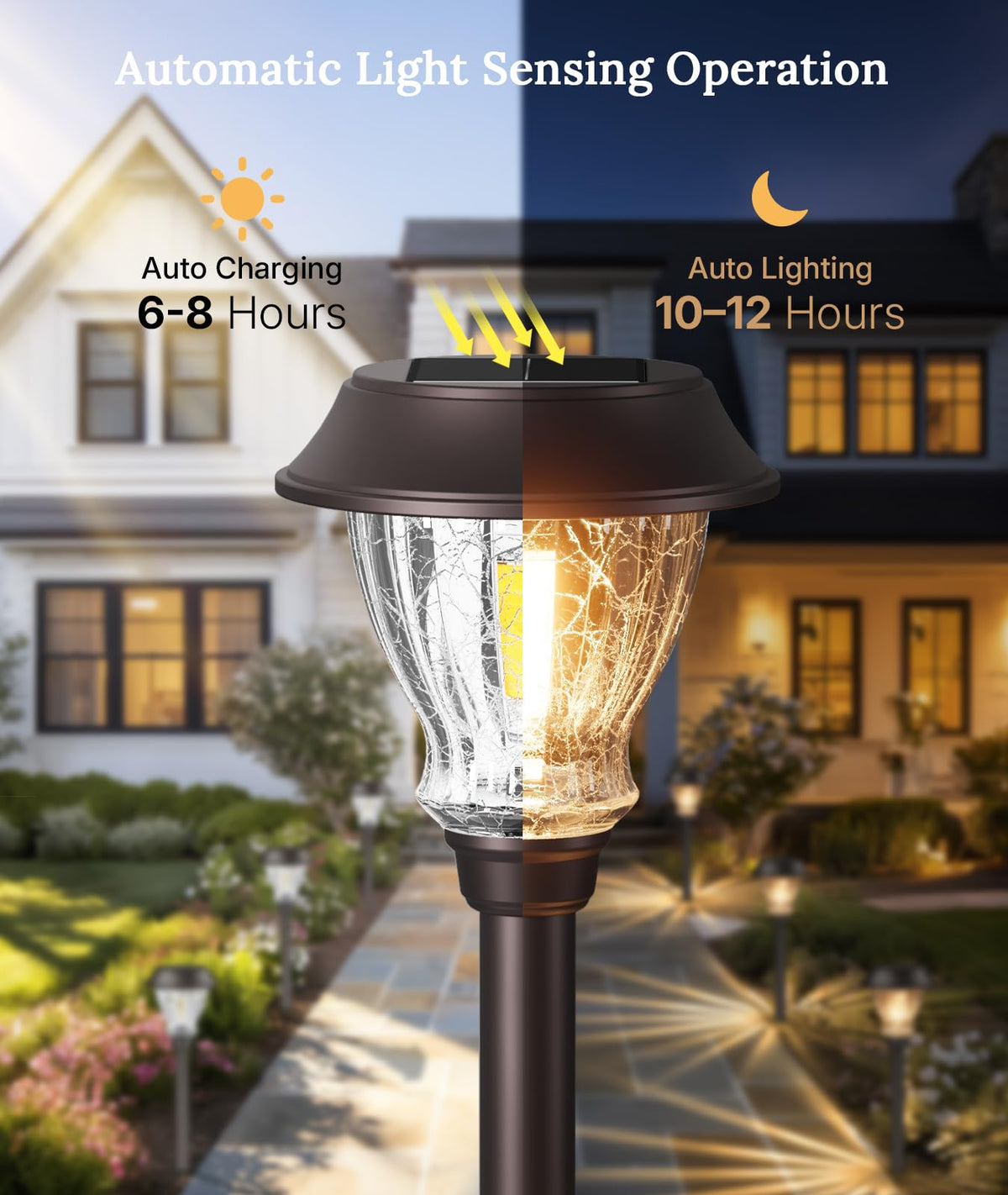 XMCOSY+ solar pathway light starburst crackled glass along a garden path at night