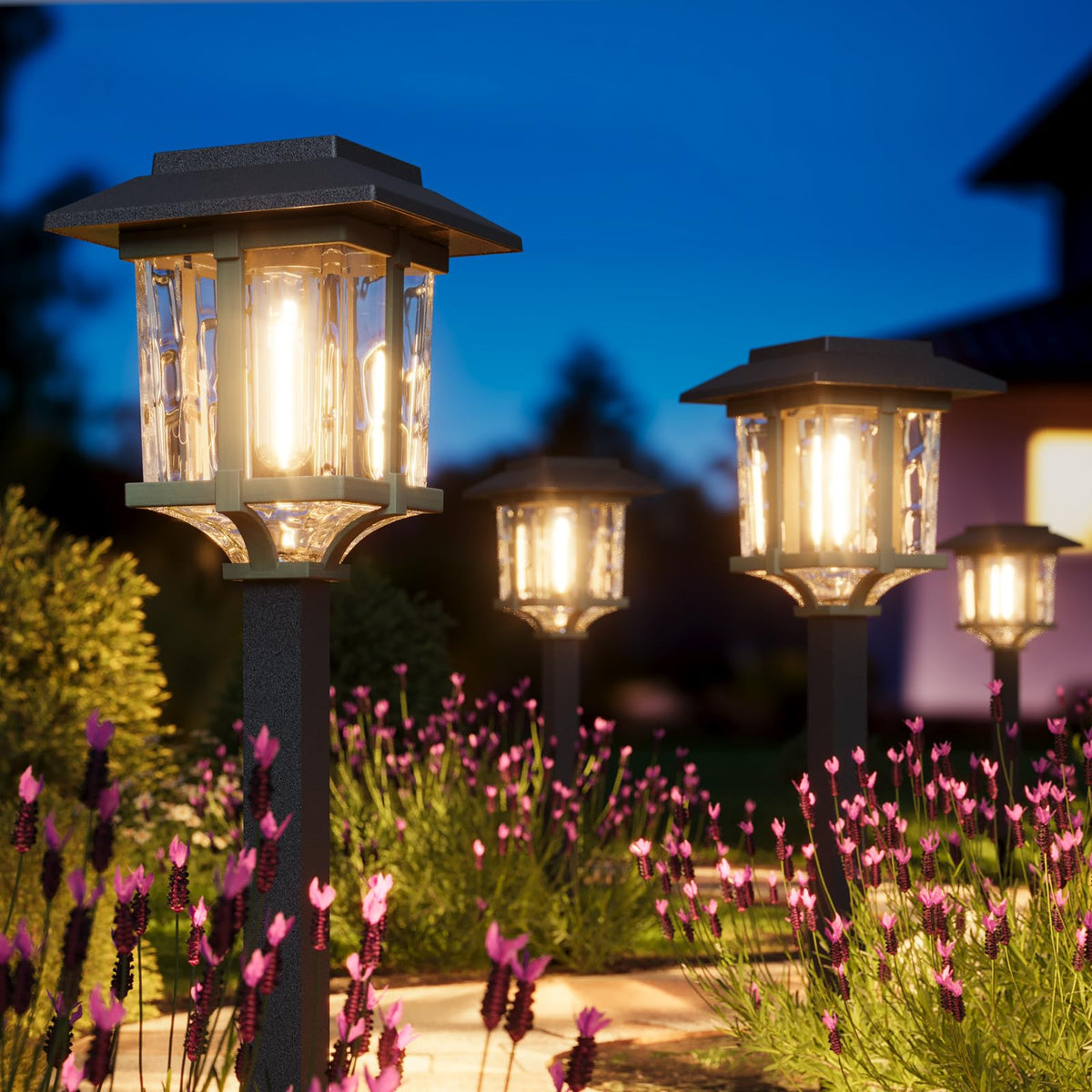 XMCOSY+ solar pathway lights 4-pack with bronze-wood finish brighten garden paths.