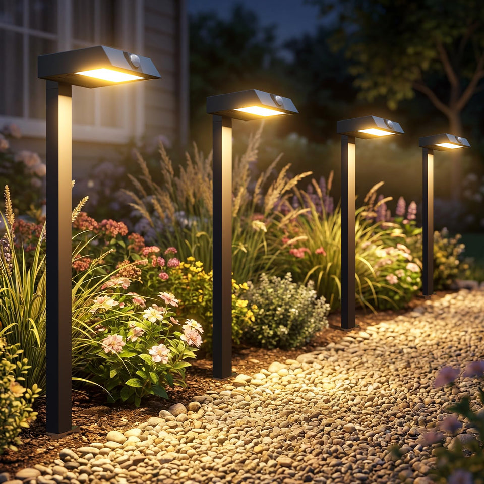 XMCOSY+ solar pathway lights with motion sensor illuminate walkways with 300LM brightness.