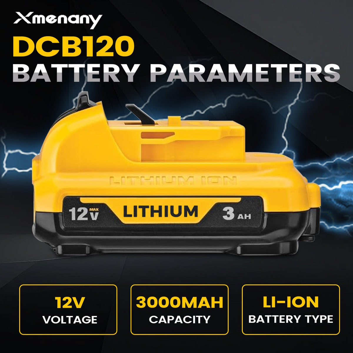 Xmenany DCB120 3.0Ah battery side view showing compact design