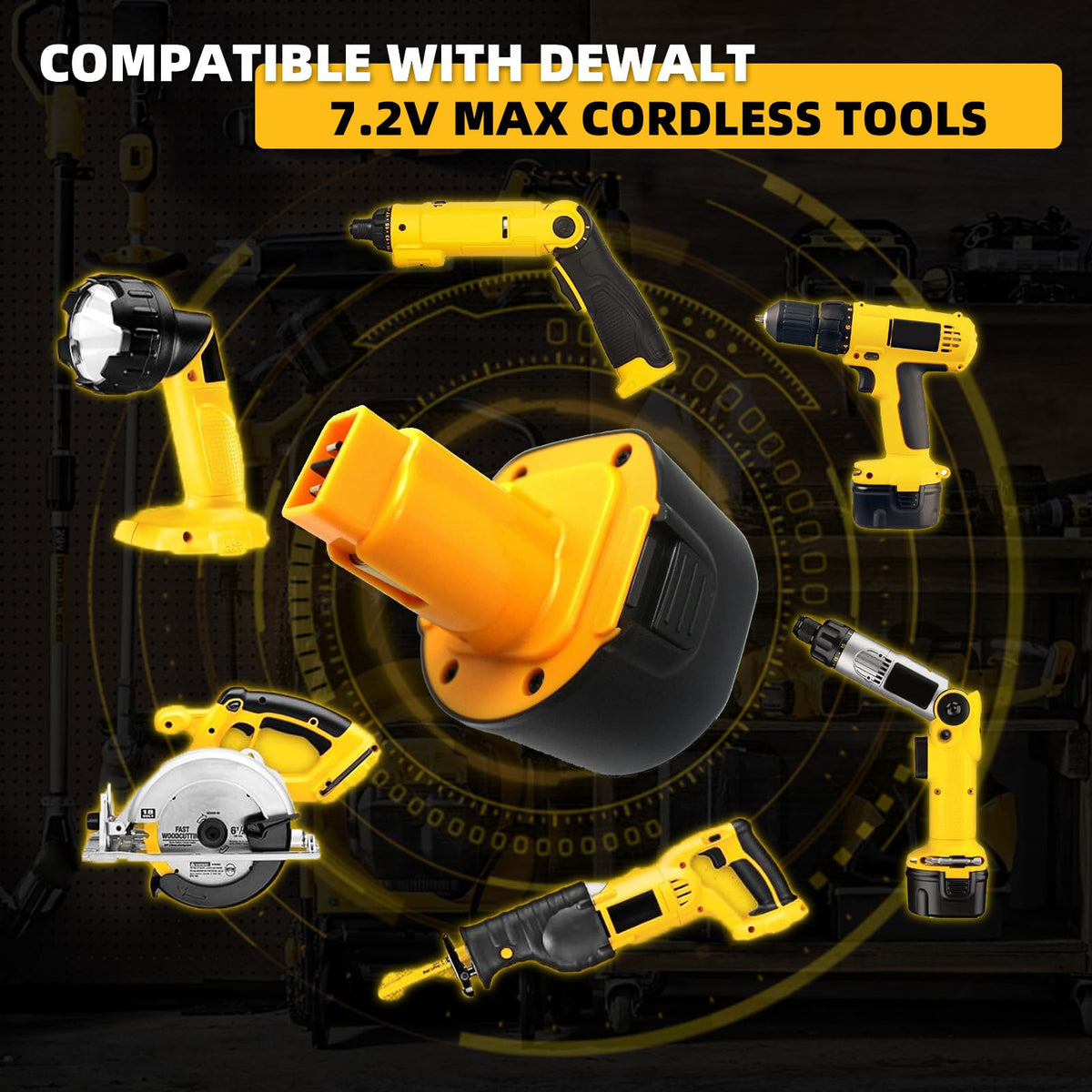 Xmenany DW9057 battery beside Dewalt drill illustrates real-life use.