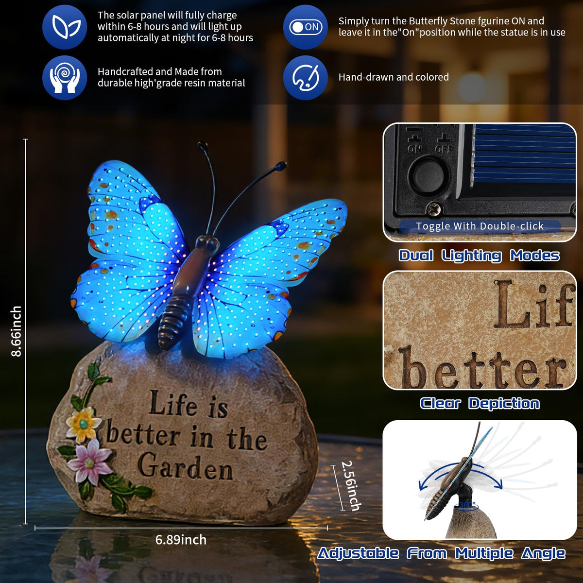 XMHBCSM butterfly garden statue wings lit for evening ambiance