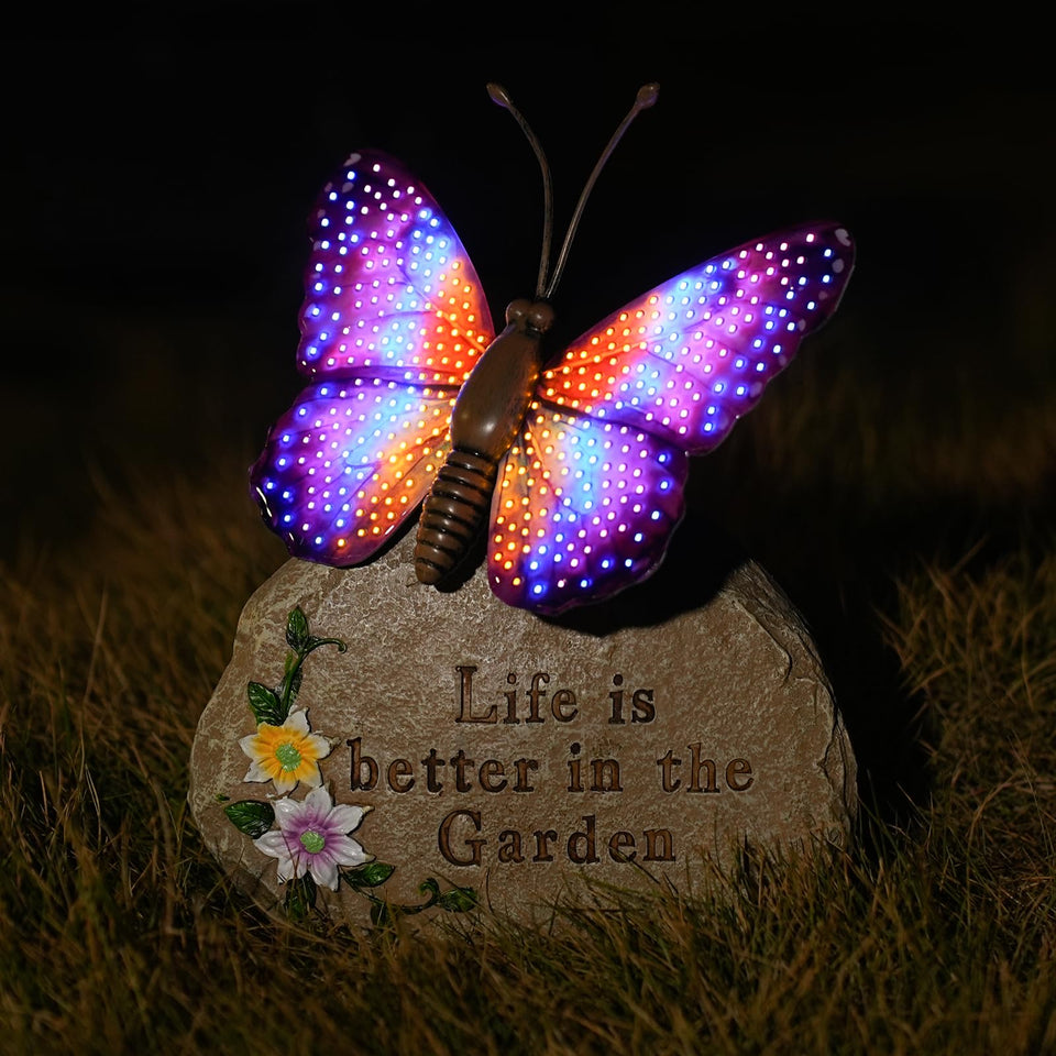 XMHBCSM solar LED butterfly wings glow at night for charming outdoor ambiance.