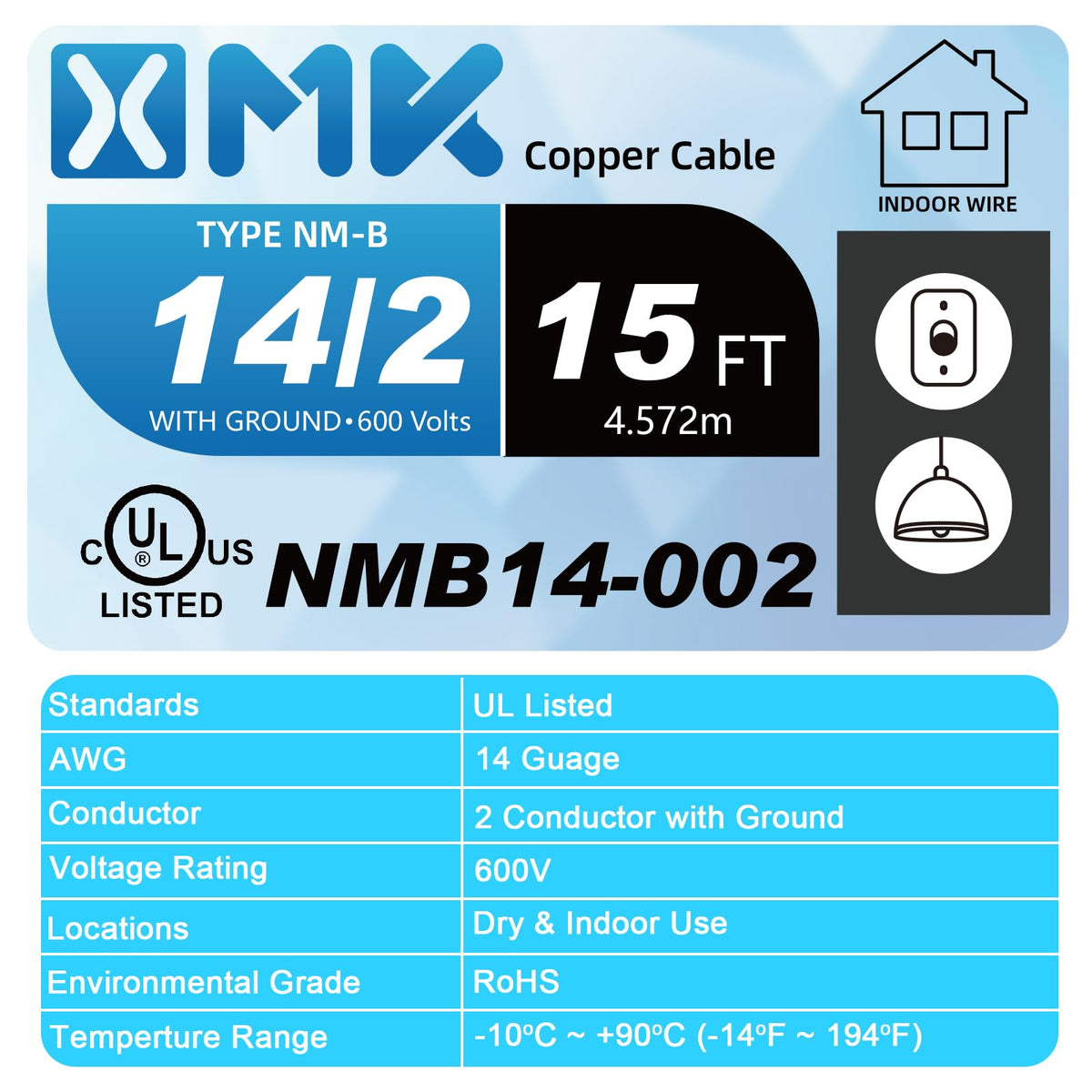 XMK 14 AWG copper wire for residential circuits inside walls.