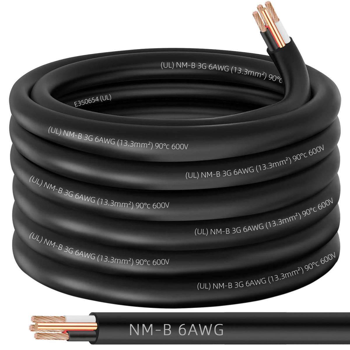 XMK NM-B 6/3 with ground closeup showing rugged copper conductors for reliable indoor wiring.