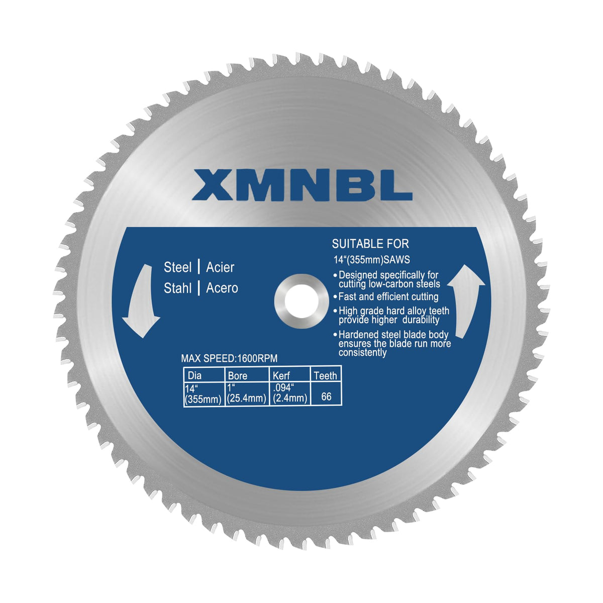 Xmnbl 14-inch metal cutting blade with 66 teeth for precise steel cuts.