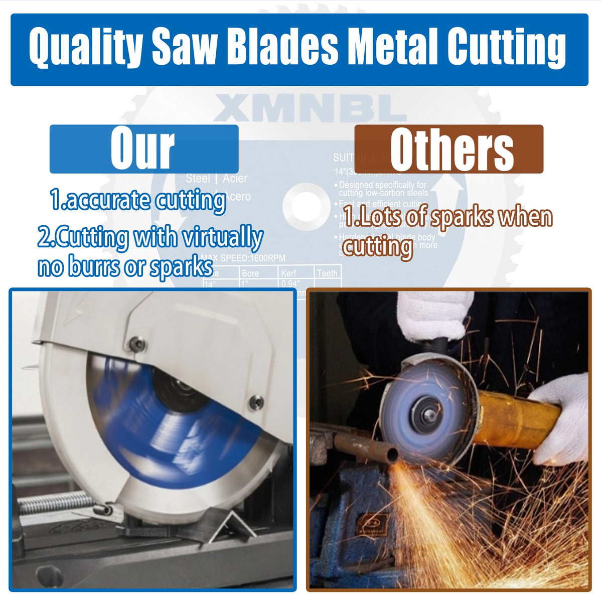 Xmnbl blade fits Evolution and other 14-inch low RPM saws.