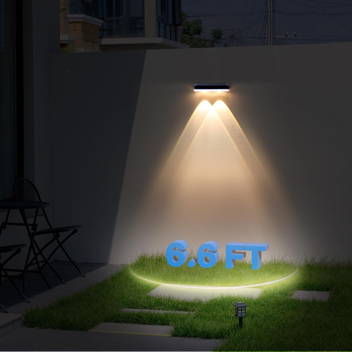 XmnSoly light on at night mounted on a fence for curb appeal.