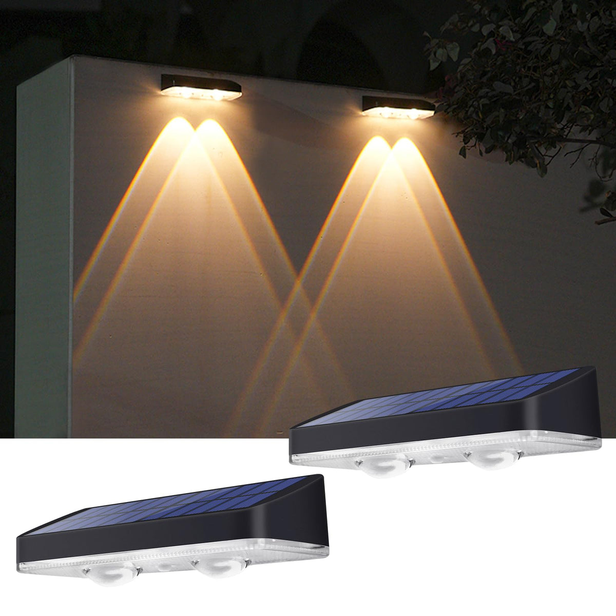 XmnSoly two-pack solar wall light, front view, showcasing flexible color temperatures for outdoor entrances.