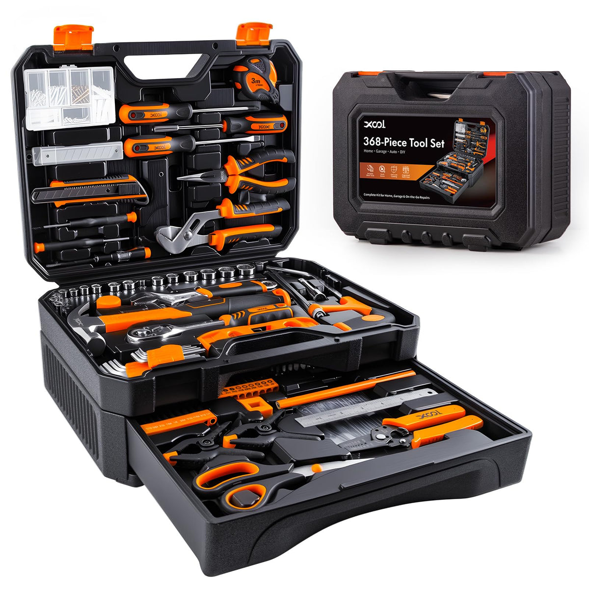 XOOL 368-piece tool kit in a drawer case keeps tools organized for home repairs.