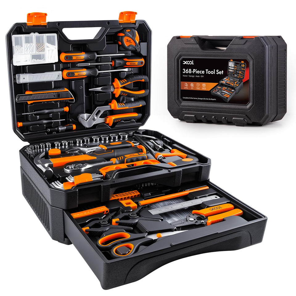 XOOL 368-piece tool kit in a drawer case keeps tools organized for home repairs.