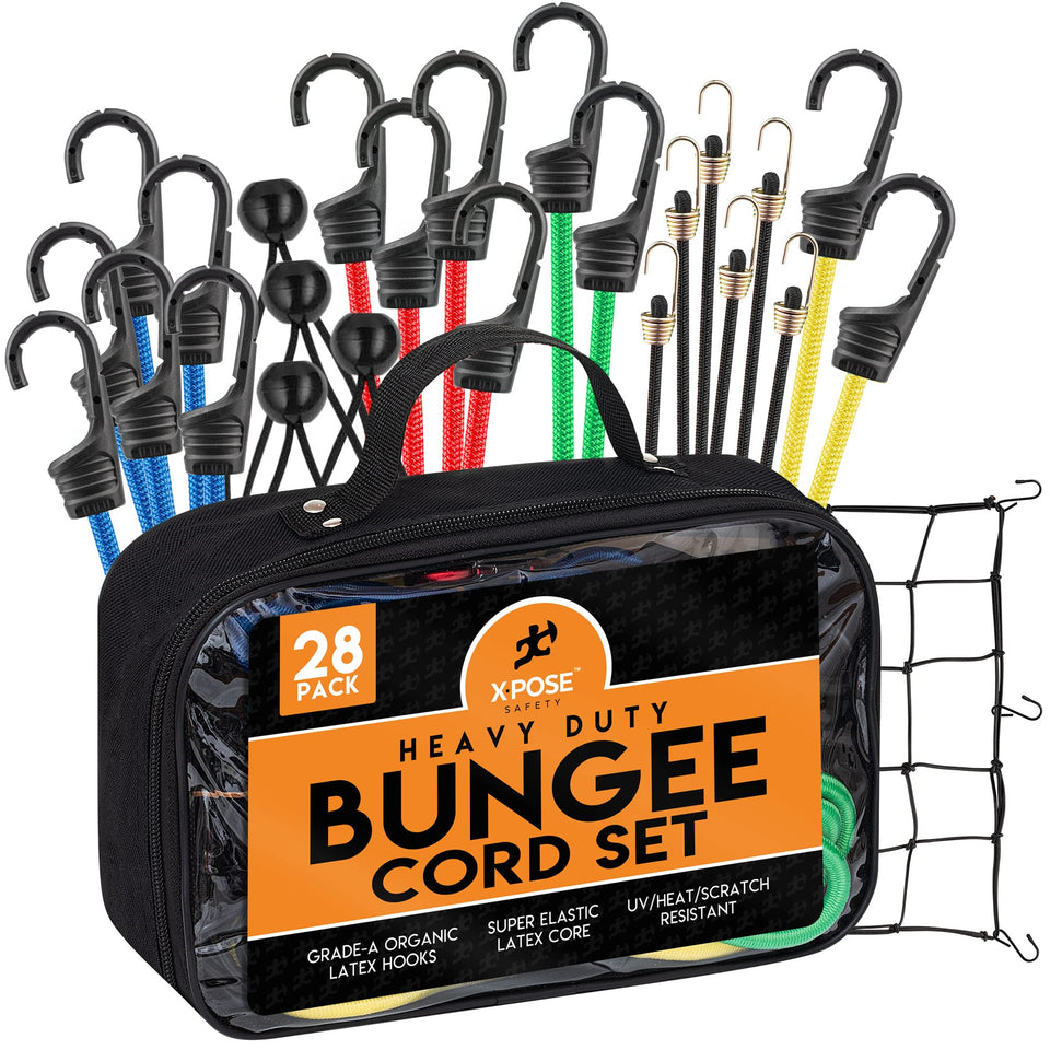 Xpose Safety 28pc bungee set with hooks secures loads on vehicles and gear.